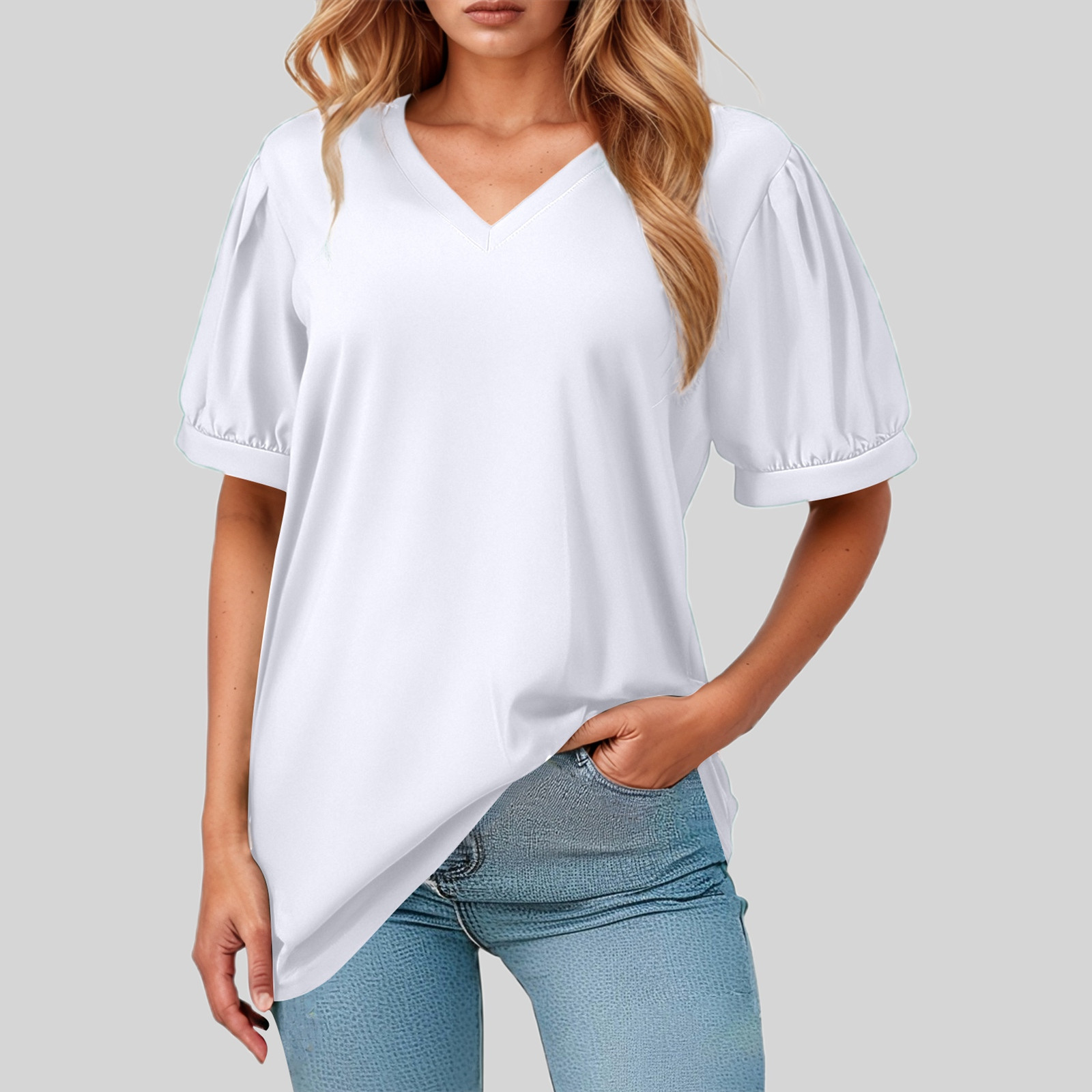 thumbnail image 2 of Camiseta holgada de manga corta y cuello en V para mujer: diseño con mangas abullonadas, cómoda mezcla de poliéster y spandex para uso informal, 2 of 8